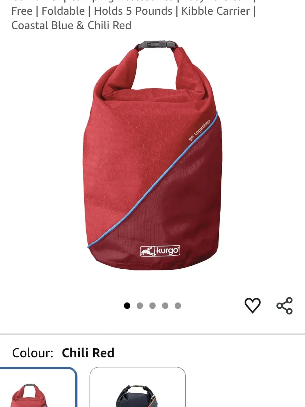 Kurgo Chili Red & Coastal Blue Foldable Dog Kibble Carrier